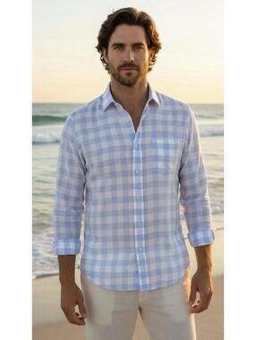 FAHERTY Men’s Cotton Linen Blend Button-Up Shirt In Blue Check-Size Medium
